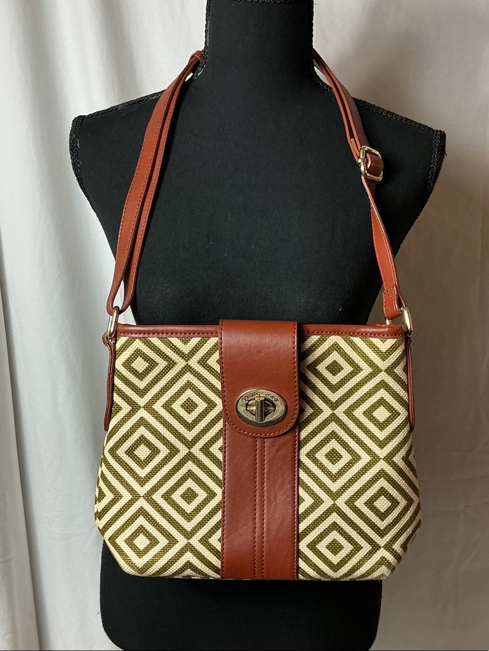 Spartina 449 Olive Geometric Canvas Crossbody with Brown Trim